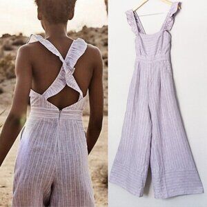 Anthropologie Elevenses Linen Nantucket Ruffle Wide Leg Jumpsuit Lavender $148